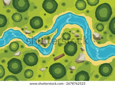 Top view river landscape. Summer beautiful valley, scenic picturesque natural stream. River with trees on shore. Landscape with winding river. Vector illustration