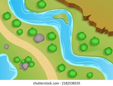 top view of the river with some hills and trees around it