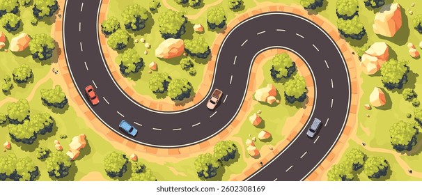 Top view of a road. View from above. Country highway. Wild nature landscape. Car on a winding road. Trees, rocks and walking paths on the sides of the road. Simple cartoon design. Vector illustration.