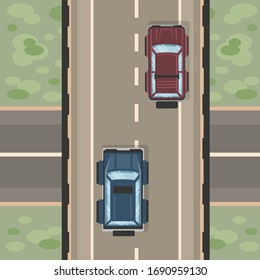 Top view of the road. Cars go over the bridge. Vector SUVs.