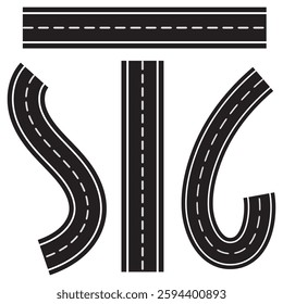
Top view Road elements. Set of Design Element for city map. Street with footpath and crossroad set. Road seamless constructor. Highway asphalt path traffic street. Street junction and road object