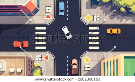 Top view of road intersection with cars and road signs. View from above. Traffic rules. Driving school test. City street with buildings, pedestrian crossing, crossroad. Vector illustration. Flat style