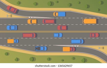 Top view road junction. Right turn branches and congresses.Vector flat illustration.