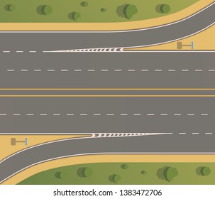 Top view road junction. Right turn branches and congresses.Vector flat illustration.