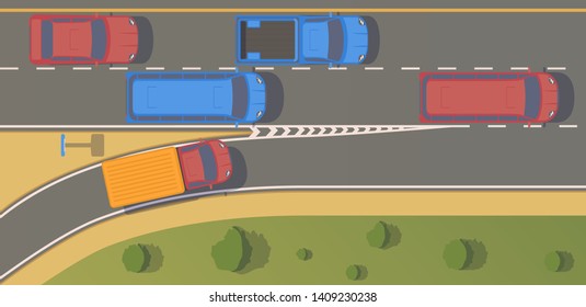 Top view road junction. Right turn branches and congresses.Vector flat illustration.