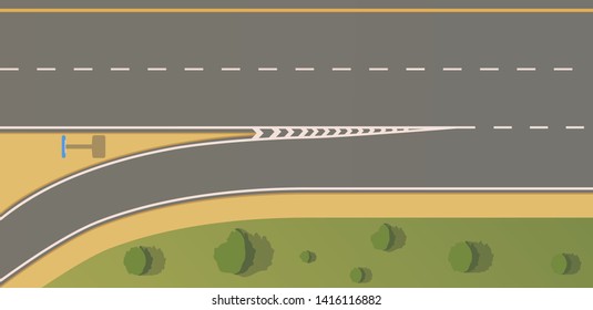 Top view road junction. Right turn branches and congresses.Vector flat illustration.