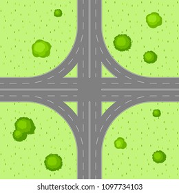 Top view of road junction. Scene with highway and trees in countryside.