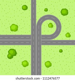 Top view of road junction. Scene with highway and trees in countryside.