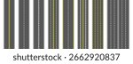Top view road markings set. Highway lanes and race tracks set. Seamless straight street road pack. Town or city pavement asphalt repeated patten. Vertical roadway drive stripes bundle. Vector