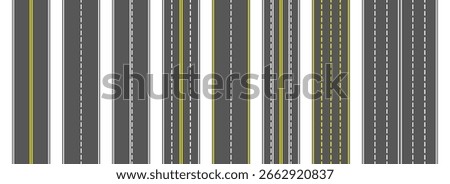 Top view road markings set. Highway lanes and race tracks set. Seamless straight street road pack. Town or city pavement asphalt repeated patten. Vertical roadway drive stripes bundle. Vector