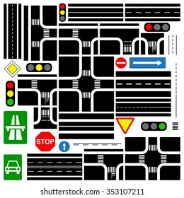 Top view road plan parts, Collection of connectable highway elements, isolated on white background, vector illustration.