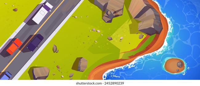 Vista superior de la carretera que recorre la costa del mar. Ilustración de dibujos animados de Vector de camiones y automóviles visto desde arriba montando la carretera de la costa en el día de verano, piedras rocosas en el césped verde, azul agua lavado de la costa