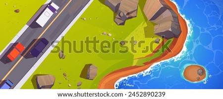 Top view of road running along sea coast. Vector cartoon illustration of trucks and autos seen from above riding coastline highway on summer day, rocky stones on green lawn, blue water washing shore