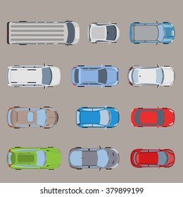 Top view road transport vehicle car automobile van bus micro SUV sedan wagon truck roadster sportscar icon set. Flat style creative web site vector illustration.