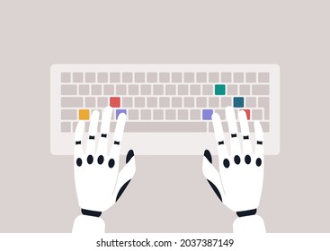 A top view of robotic hands typing on a keyboard, machine learning concept, futuristic technologies