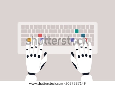 A top view of robotic hands typing on a keyboard, machine learning concept, futuristic technologies