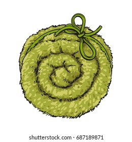 Top view of rolled up fluffy green towel, spa salon accessory, sketc vector illustration on white background. Realistic hand drawing of towel roll, spa salon accessory