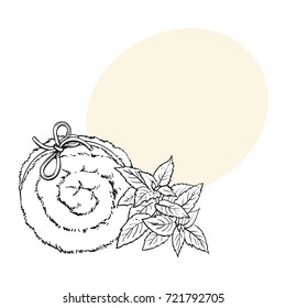 Top view of rolled up fluffy green towel, spa salon accessory, black and white outline vector illustration with space for text. Realistic hand drawing of towel roll, spa salon accessory