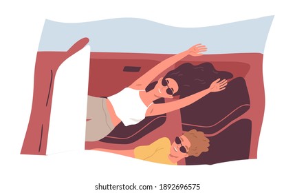 Top view of romantic couple driving cabriolet or riding roller coaster car on summer holidays. Happy young guy and woman enjoying fast speed. Flat vector illustration isolated on white background