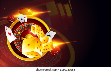 Top view of Roulette wheel, Dice and Playing Cards on shiny background with space for your text.