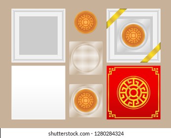 Top view round Chinese Moon Cake isolated on brown background with Box white and red, Plastic Tray, Inner Boxs for design package, set Packaging Circle moon cake, Chinese traditional moon cake, vector