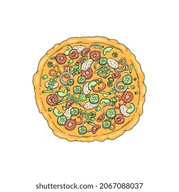 Top view of round Italian pizza with salami, tomatoes, arugula, jalapenos in sketch style vector illustration isolated on white. For restaurant menu with traditional Mediterranean food.