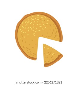 Top view of round pie with piece isolated on white background. Homemade food vector illustration. Restaurant, cuisine, food concept