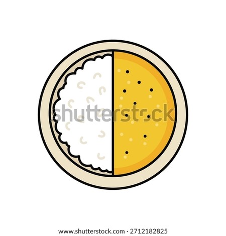 Top view of round plate with white rice and yellow lentil dal curry, Asian food vector illustration.