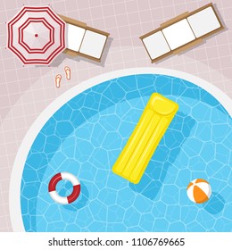 Top view of a round pool, with sun loungers. Vacation. Vector illustration.