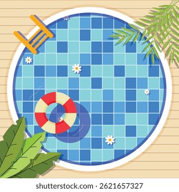 Top view of a round swimming pool with a lifebuoy, flowers, and tropical leaves. A fresh design for summer or holiday-themed visuals.