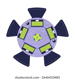 Top view of round table with laptops and coffee mugs 2D cartoon object. Collaborative workspace from above. Coworking, startup culture isolated element flat vector clip art on white. Spot illustration