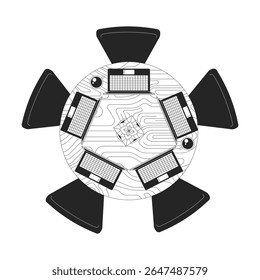Top view of round table with laptops and coffee mugs 2D line object. Collaborative workspace above. Coworking, startup culture isolated clipart vector ink outline item. Monochrome spot illustration