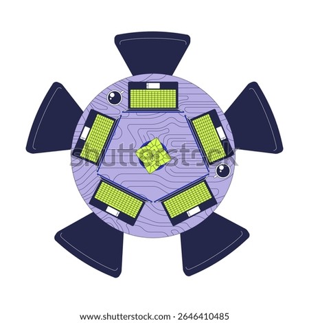 Top view of round table with laptops and coffee mugs 2D cartoon object. Collaborative workspace from above. Coworking, startup culture isolated element flat vector clip art on white. Spot illustration