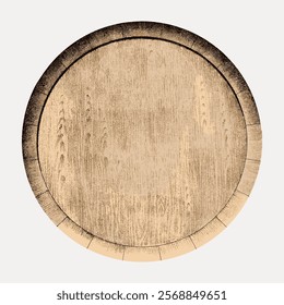 Top view of a round wooden barrel lid with a rustic texture. The wooden surface shows natural grain patterns, emphasizing the barrel's vintage appeal. Vintage illustration isolated on white, vector.