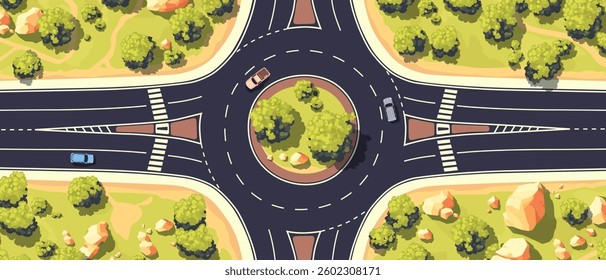 Top view of a roundabout road. Ring intersection. View from above. Country highway. Road markings and walking paths. Cars, trees, rocks set. Wild nature landscape. Cartoon design. Vector illustration.