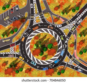 Top view roundabout in a small town in autumn with yellow grass