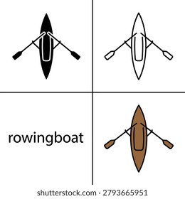 Top view of rowing boat with oars for water sports and recreation simple black and brown vector icons set for aquatic transportation design on transparent background.