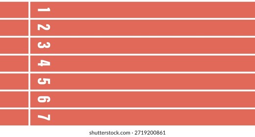 Vista superior de una pista de atletismo con carriles numerados en un estilo de Vector plano