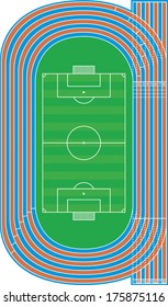 Top view of running track and soccer field on white - Vector illustration
