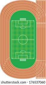 Top view of running track and soccer field on white