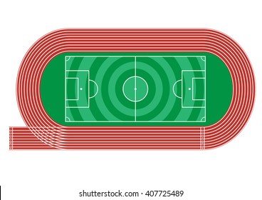 Top view of running track and soccer field on white background Vector illustration