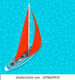 Top view sail boat on water poster. Luxury yacht race, sea sailing regatta poster vector illustration. Nautical worldwide yachting or traveling promotion layout.