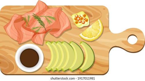 Top view of salmon and avocado set on a cutting board isolated illustration