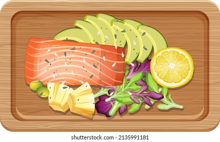 Top view of salmon steak on a wooden tray illustration