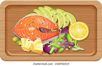 Top view of salmon steak on a wooden tray illustration