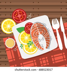 Top View Salmon Steak On Table Vector Illustration 