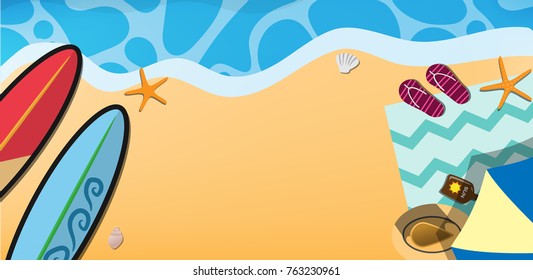 Top view of the sand beach wit her surf board, beach towel, beach relaxing stuff, slipper, And free copy space for your text