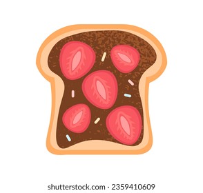 Top view at sandwich concept. Healthy and tasty breakfast. Bun with chocolate and strawberries. Graphic element for website. Cartoon flat vector illustration isolated on white background