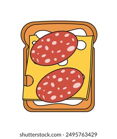 Top view at sandwich. Piece of bread with cheese and sausage. Delicious and tasty morning healthy breakfast. Proper diet and nutrition. Linear vector illustration isolated on white background