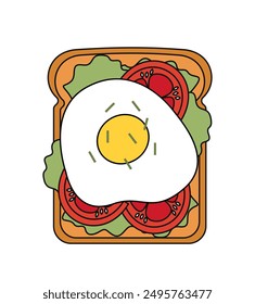 Top view at sandwich. Piece of bread with egg, tomato and lettuce. Delicious morning breakfast. Proper diet and nutrition. Linear vector illustration isolated on white background